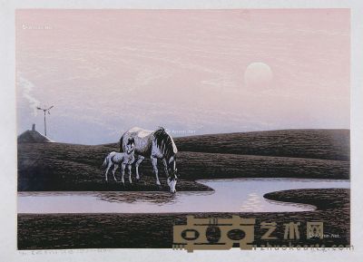 套色油印 《在故乡的小河边》 版画 43×60cm