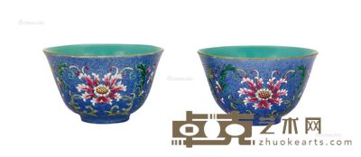 锦地粉彩缠枝宝莲纹杯 (一对) →9cm×2