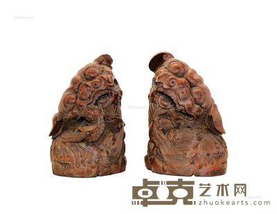 老竹雕狮子 (一对) ↑20cm×2