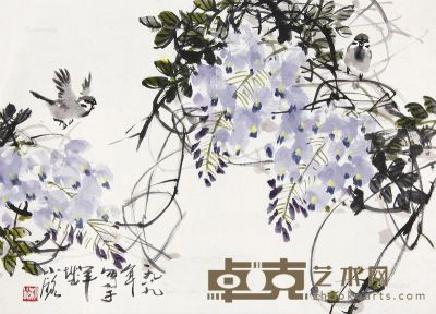 紫藤小鸟 镜片 纸本 49×68cm