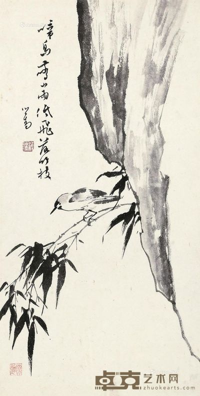 溥儒 鸟鸣山雨图 59×30cm