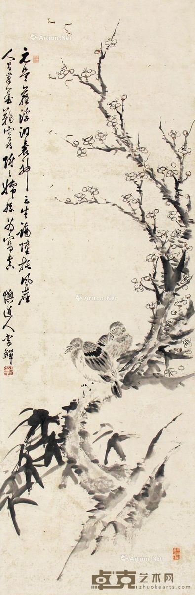 李鱓 寒梅双禽 136×45cm