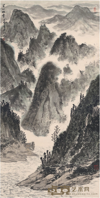 亚明 苗山烟云图 137×69.5cm