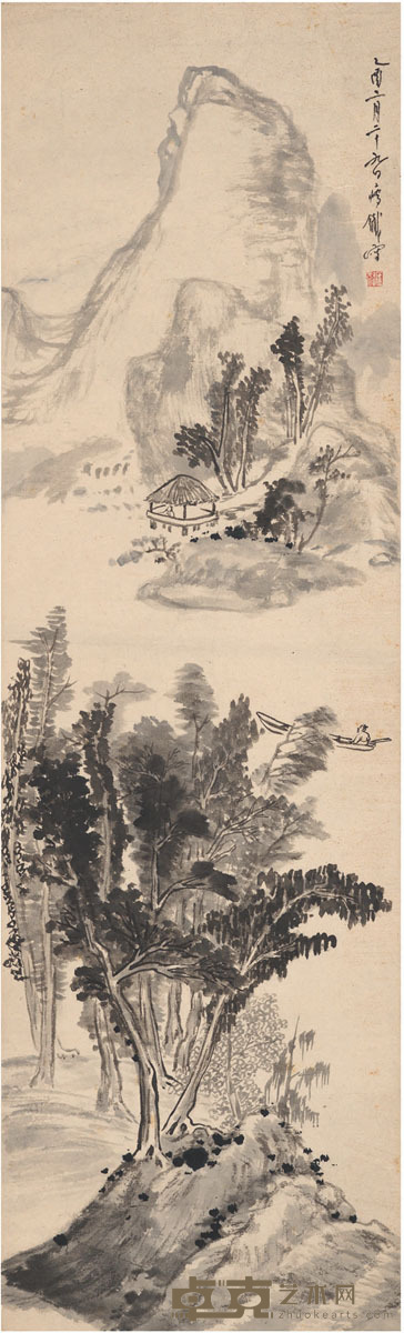 钱瘦铁 春江泛舟图 92×27.5cm