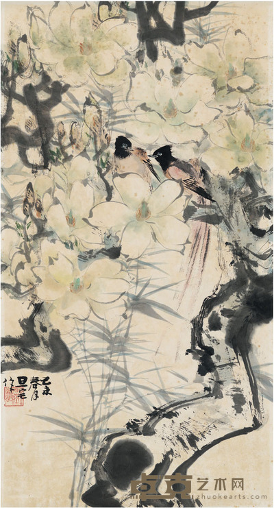 刘旦宅 玉兰双寿图 89×48cm