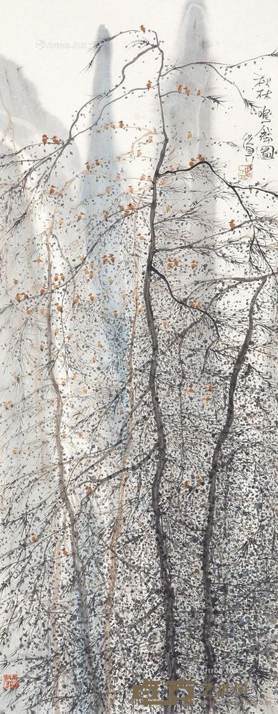 朱道平 秋林鸣禽图 97×38cm