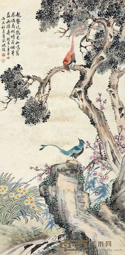 沈铭 祝寿图 133×66cm