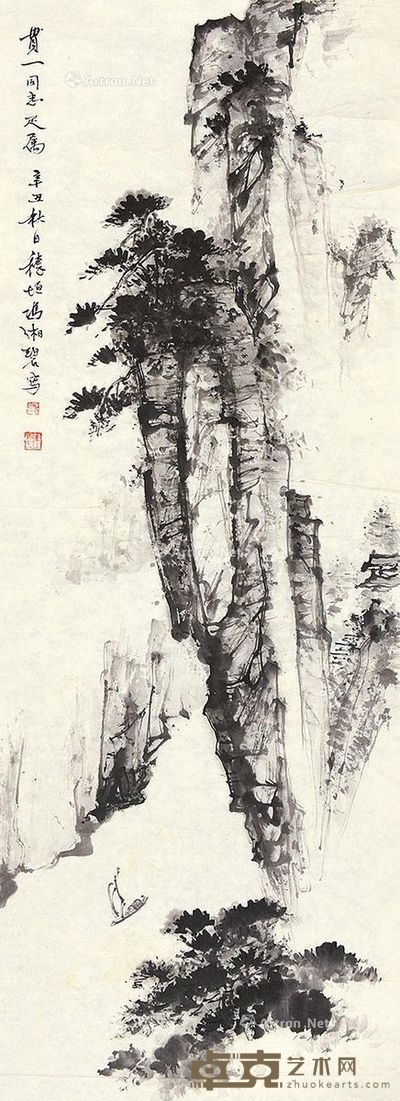 冯湘碧 深峡孤帆 94×35cm