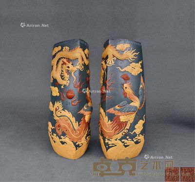 --史建中 紫砂贴花龙凤对瓶 口径9.5cm;高28cm