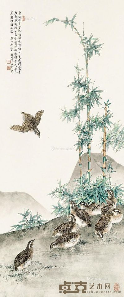 吕大卫 翠竹鹌鹑 118×49cm