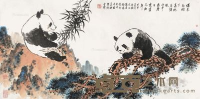 洪世清 熊猫图 68×138cm