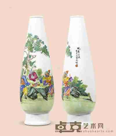 民国 粉彩人物瓶《风尘三侠》 高28.3cm