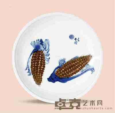 民国 王步青花釉里红玉米盘 直径26.1cm