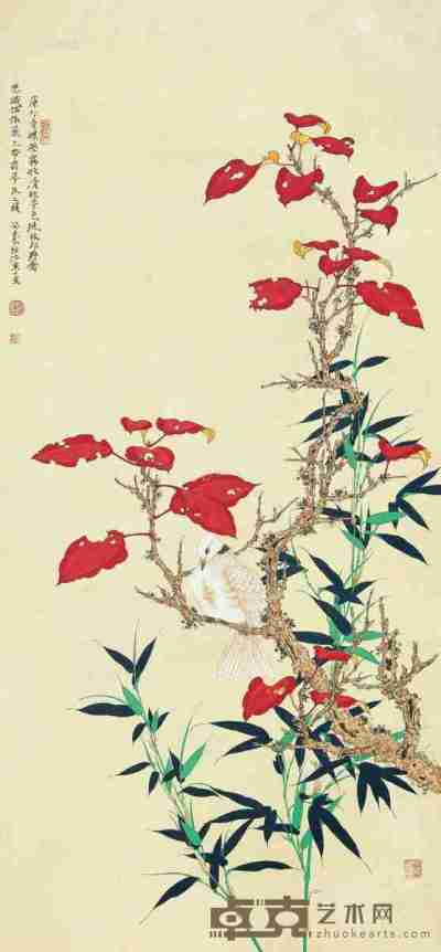 任重 癸未（2003）年作 红叶竹禽 镜片 116×55cm