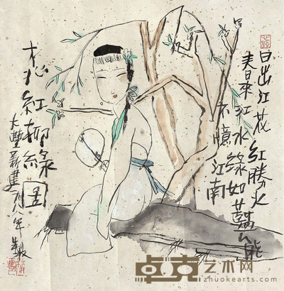 朱新建 1988年作 桃红柳绿图 镜心 32×31cm
