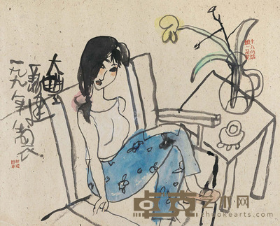 朱新建 瓶花美人图 镜心 52.5×65.5cm