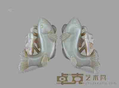 金-元 青白玉荷花跃鱼 （一对） 6.5×3.6cm
