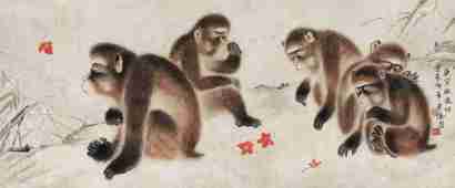 何漆园 1950年作 五猴图 镜片