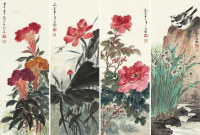 乔木 花卉四种 （四件） 屏轴