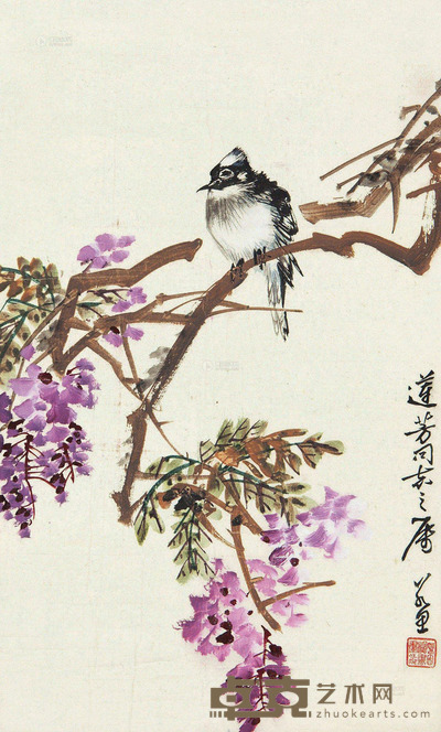 胡若思 紫藤小鸟 镜片 55×33cm