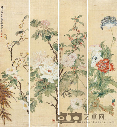 汤世澍 四季花卉 （四件） 屏轴 90×20cm×4