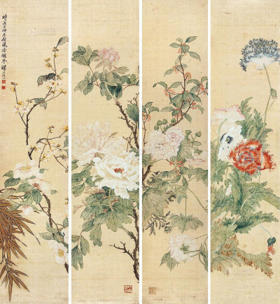 汤世澍 四季花卉 （四件） 屏轴