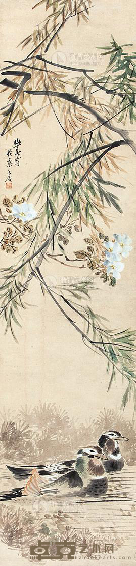 沙馥 戏水 屏轴 131×31cm