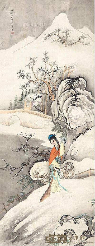 李震 扫雪图 立轴 102×40cm