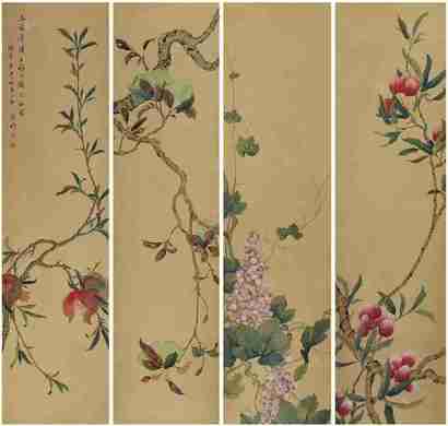 张槃 1870年作 花果 四屏镜心