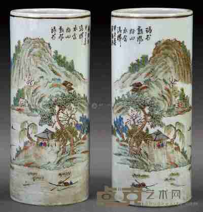 民国 粉彩山水帽筒 （2件） 高：28cm