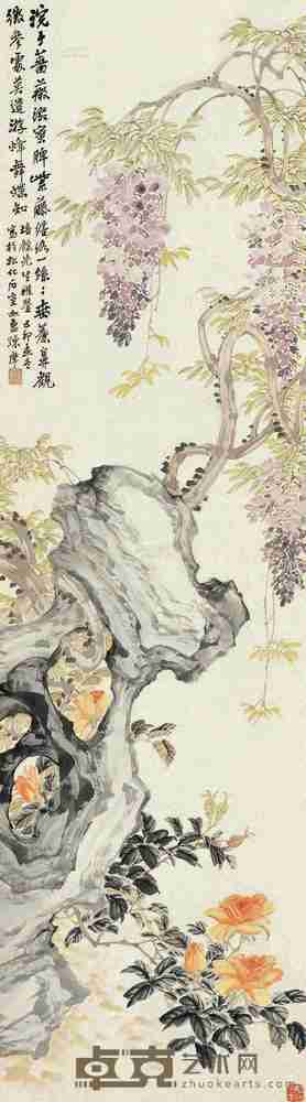 陈摩 己卯(1939)年作 蔷薇紫藤 镜片 142×40cm