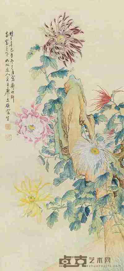 廖采臣 辛巳(1941)年作 秋菊傲霜 镜片 87×40cm