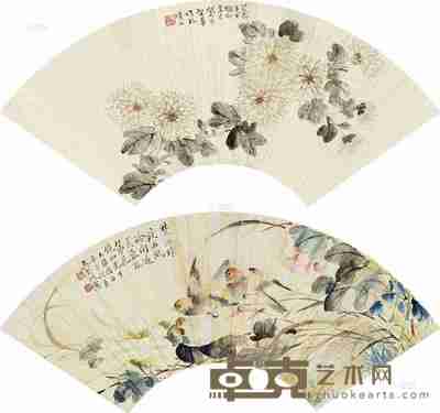 江圣华 吴野洲 辛巳(1941)年作;壬午(1942)年作 清菊图 荷塘双禽 (二幅) 扇片 18×52cm×2