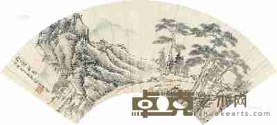 俞子才 丙戌(1946)年作 松荫秋色 扇片 17×49cm