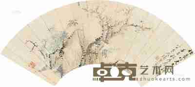 张熊 壬午(1882)年作 竹石图 扇片 17×53cm