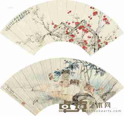 蒋吟秋 朱和甫 梅花精神 双犬 (二幅) 扇片 17×48cm×2