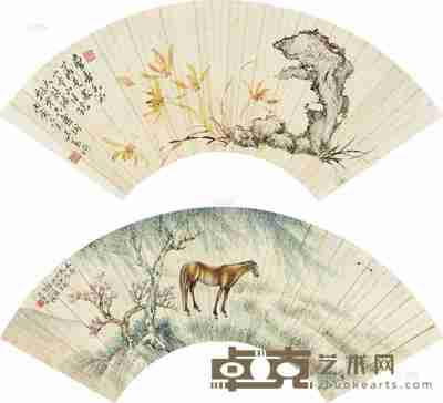 张生镛 高吹万 丙寅(1926)年作;甲申(1944)年作 春郊放马 兰石图 (四幅选二) 扇片 11×39cm×4
