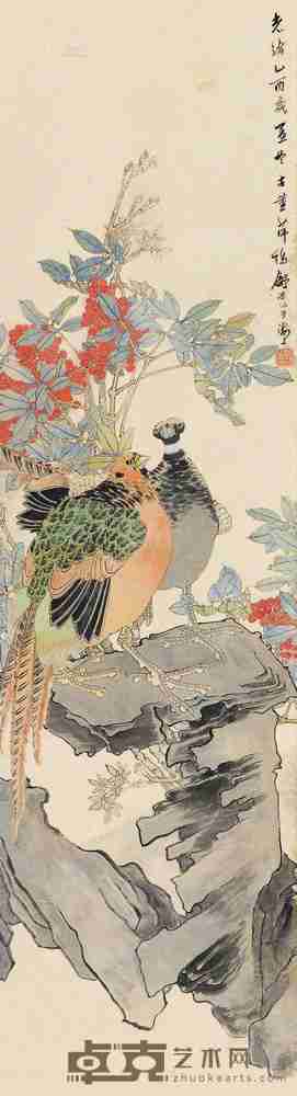 舒浩 乙酉(1885)年作 锦鸡图 立轴 143×39cm