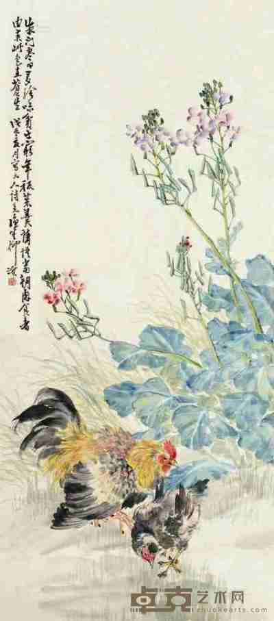 柳滨 戊辰（1928）年作 田原双鸡 镜片 108×48cm