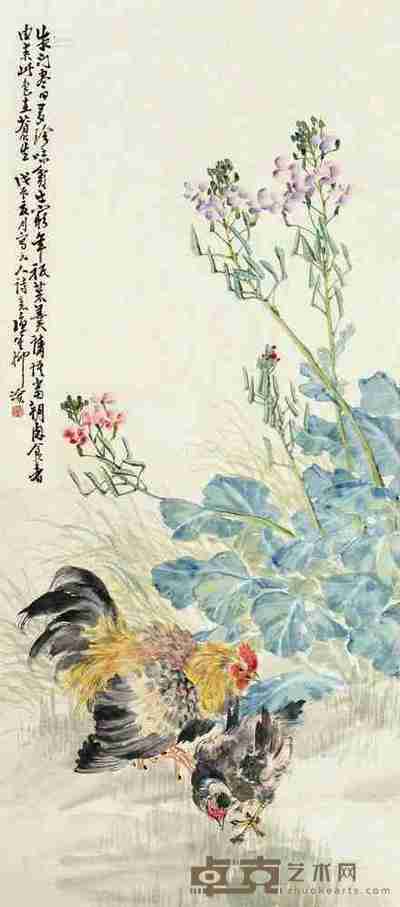 柳滨 戊辰(1928)年作 田原双鸡 镜片 108×48cm