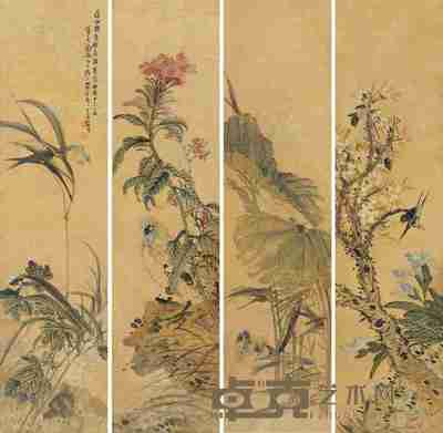 金梦石 四时花鸟 (四幅) 镜片 128×32cm×4