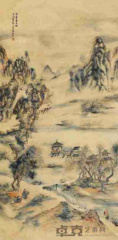 杨柳谷 甲辰(1844)年作 崖溪访友 镜片 131×64cm