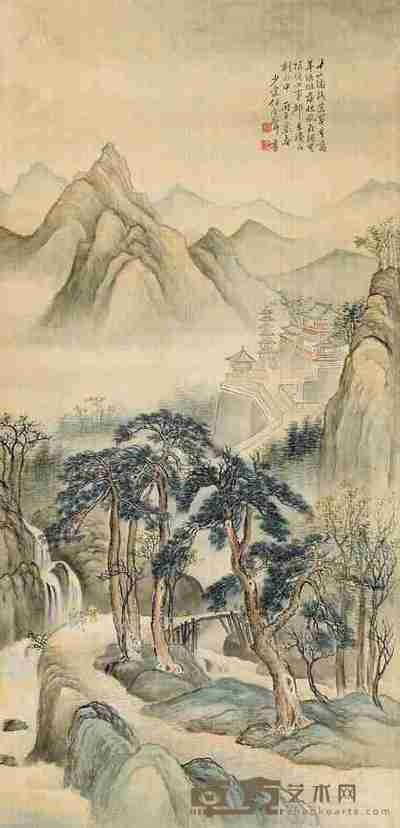 任金声 丙子(1936)年作 松间幽寺 镜片 83×49cm