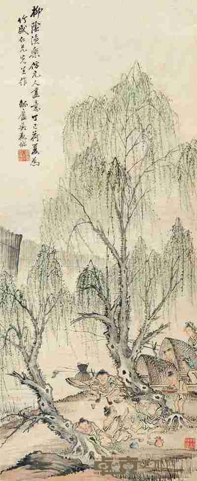 吴观岱 丁巳(1917)年作 柳阴渔乐 镜片 106×43cm