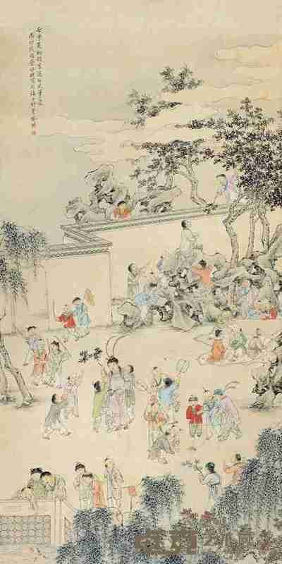 叶曼叔 壬申(1932)年作 百子图 镜片 134×67cm
