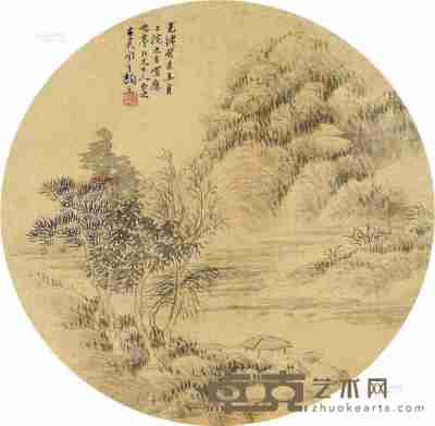 颜元 癸未（1893）年作 山居图 团扇片 直径25cm
