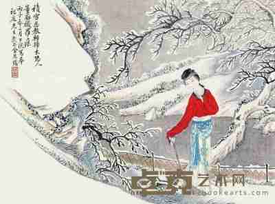 金琴鹤 丙子（1936）年作 扫雪仕女 镜框 24×33cm