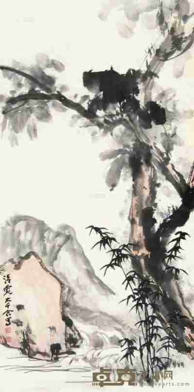 张大千 林清霓 竹树图 立轴 100×49cm