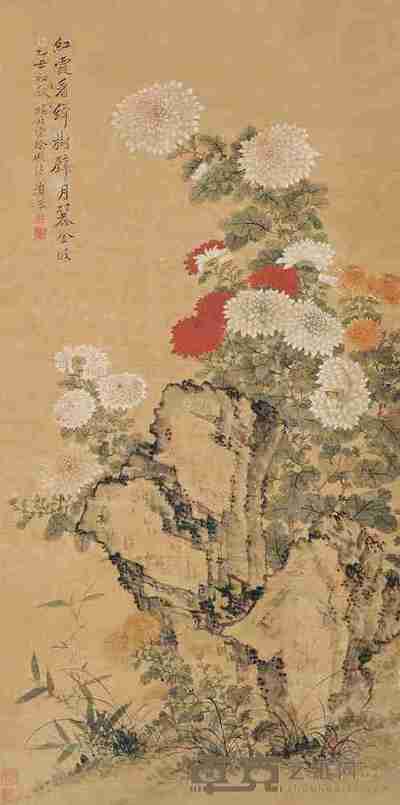 恽寿平 乙丑(1685)年作 红霞绛树 屏轴 117×57cm