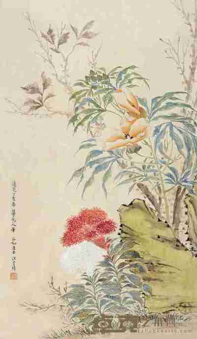 汪介 丁亥(1827)年作 小园秋色 立轴 82×47cm